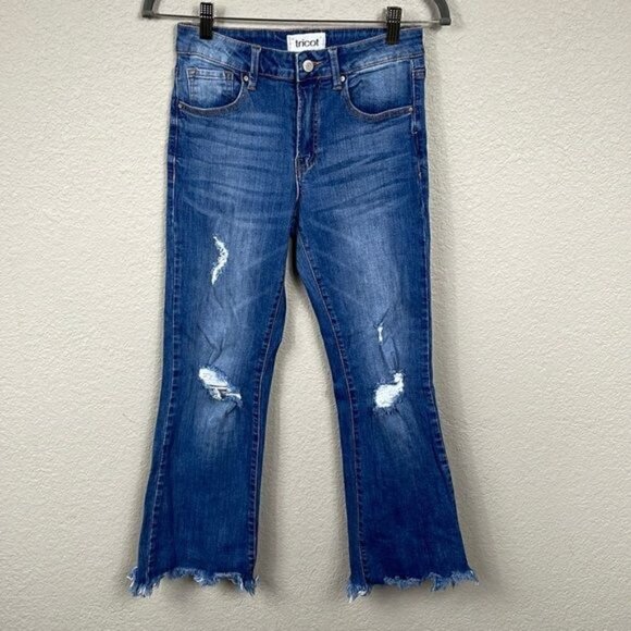 Tricot by C’est Toi Flare Fringe Raw Hem Jeans Distressed Crop Festival Sz 25 - Picture 1 of 10